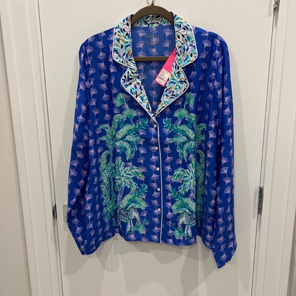 Lilly Pulitzer Woven Pajama Top Blue Grotto Fan Favorite Engineered Size XL NWT - Picture 3 of 6
